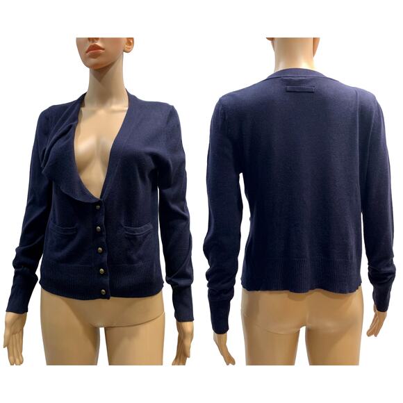 ANTHRO Moth Dark Blue Cardigan Tight Fit Flounce S - Picture 1 of 8